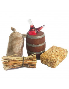 Tradineur - Pack de utensilios para Belén de resina, incluye barril, saco, paca de paja, madera y porrón de vino, nacimiento, pe