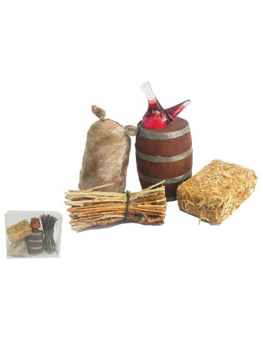 Tradineur - Pack de utensilios para Belén de resina, incluye barril, saco, paca de paja, madera y porrón de vino, nacimiento, pe