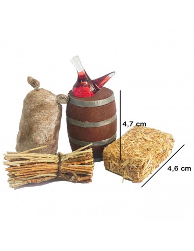 Tradineur - Pack de utensilios para Belén de resina, incluye barril, saco, paca de paja, madera y porrón de vino, nacimiento, pe