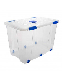 Tradineur - Caja de ordenación de plástico nº 19 transparente, con tapa, ruedas y asas, capacidad 160 litros, 56 x 80 x 51.5 cm