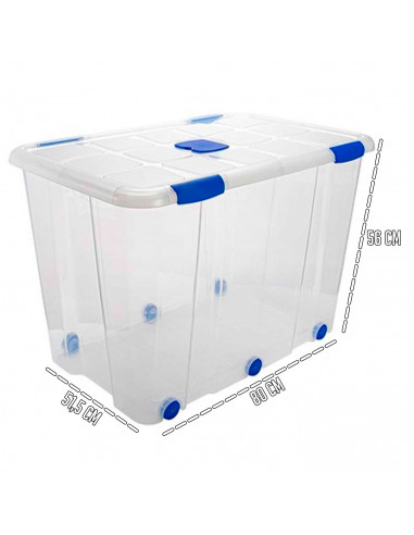 Tradineur - Caja de ordenación de plástico nº 19 transparente, con tapa, ruedas y asas, capacidad 160 litros, 56 x 80 x 51.5 cm