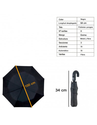Tradineur - Paraguas plegable de caballero, poliéster, mango curvo de goma, automático y antiviento, 8 varillas de fibra, ligero