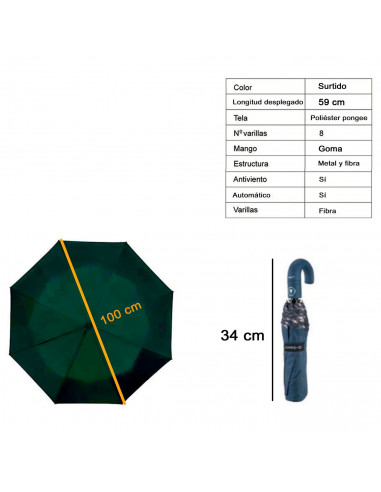 Tradineur - Paraguas plegable de mujer, poliéster, mango curvo de goma, automático y antiviento, 8 varillas de fibra, ligero y r