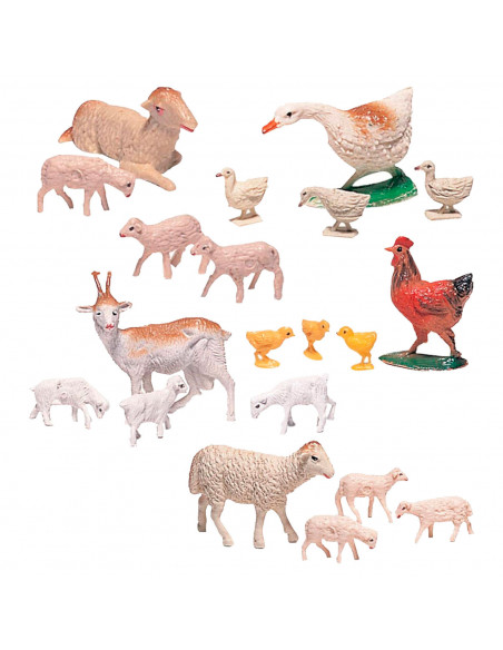 Tradineur - Pack de Animales con Crías para Belén - Gallina, Cordero, Cabras, Patos y Corderos Tendidos - Fabricado en Plástico