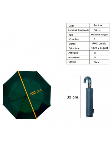 Tradineur - Paraguas plegable de poliéster, mango curvo de pvc, automático y antiviento, 8 varillas de fibra, ligero y resistent