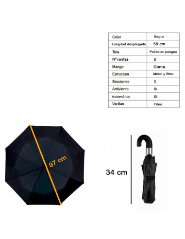 Tradineur - Paraguas plegable de caballero, poliéster, mango curvo de goma, automático y antiviento, 8 varillas de fibra, ligero