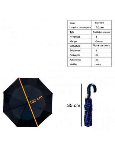 Tradineur - Paraguas plegable de caballero, poliéster, mango curvo de goma, abrir/cerrar automático, antiviento, 8 varillas de f