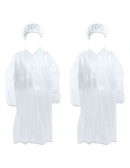 Tradineur - Pack de 2 trajes protectores de trabajo, cierre con botones y gorro, mono desechable de TNT, protección, multiusos,