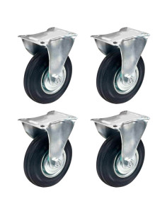 Tradineur - Pack de 4 ruedas fijas para muebles, goma y hierro, incluyen placa de montaje, rueda de transporte para cargas pesad
