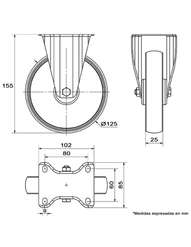 Tradineur - Pack de 4 ruedas fijas para muebles, goma y hierro, incluyen placa de montaje, rueda de transporte para cargas pesad