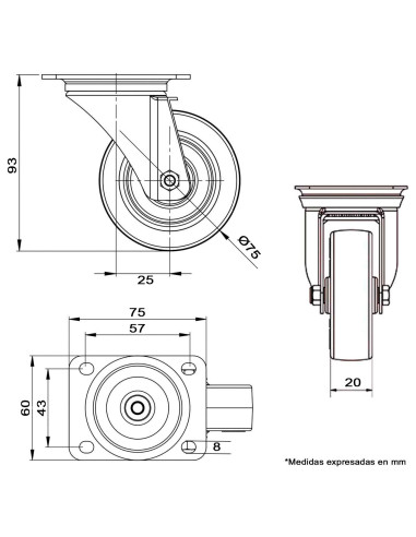 Tradineur - Rueda giratoria para muebles, goma y hierro, incluye placa de montaje, rueda de transporte para cargas pesadas, indu