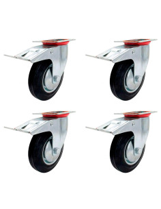 Tradineur - Pack de 4 ruedas giratorias con freno para muebles, goma y hierro, incluyen placa de montaje, rueda de transporte pa