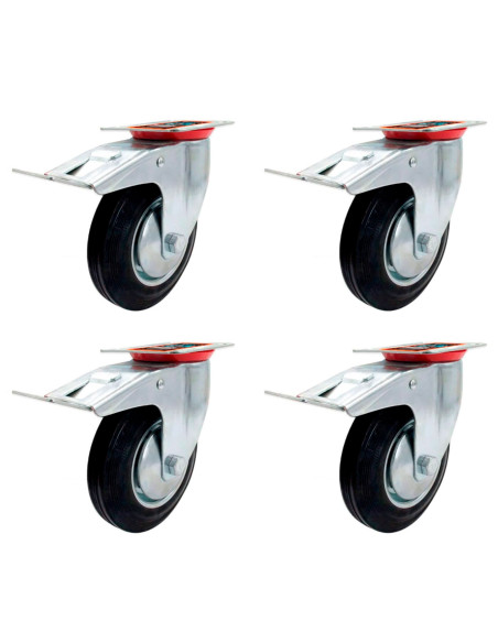 Tradineur - Pack de 4 ruedas giratorias con freno para muebles, goma y hierro, incluyen placa de montaje, rueda de transporte pa