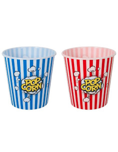 Tradineur - Pack de 2 cubos de palomitas de plástico a rayas, recipiente reutilizable para cine en casa, fiestas, celebraciones
