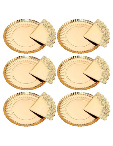 Tradineur - Pack de 6 bandejas redondas de cartón con blonda, fuente reciclable para pasteles con encaje de papel, decoración de