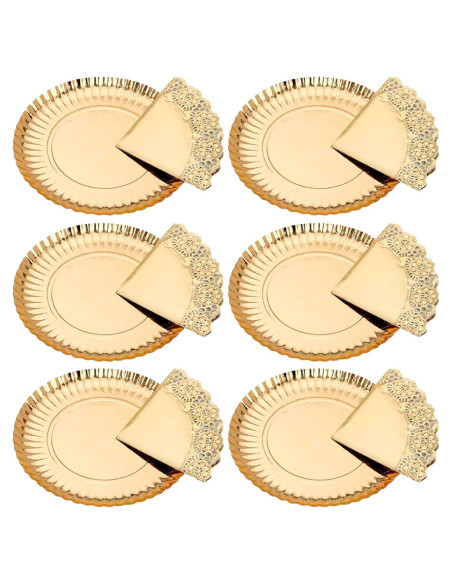 Tradineur - Pack de 6 bandejas redondas de cartón con blonda, fuente reciclable para pasteles con encaje de papel, decoración de