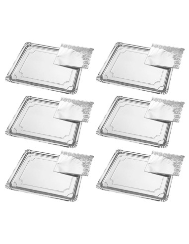Tradineur - Pack de 6 bandejas rectangulares de cartón con blonda, fuente reciclable para pasteles con encaje de papel, decoraci