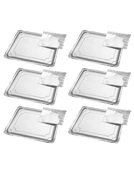 Tradineur - Pack de 6 bandejas rectangulares de cartón con blonda, fuente reciclable para pasteles con encaje de papel, decoraci