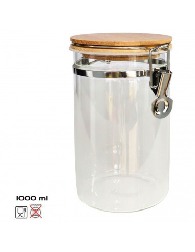 Tradineur - Tarro de vidrio borosilicato con tapa de bambú y cierre metálico, bote hermético, frasco, recipiente para guardar pa