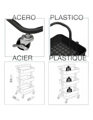Tradineur - Carrito auxiliar con ruedas, 3 niveles, acero y plástico, camarera, estantería móvil de almacenamiento, baño, cocina