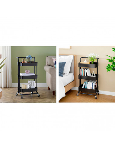 Tradineur - Carrito auxiliar con ruedas, 3 niveles, acero y plástico, camarera, estantería móvil de almacenamiento, baño, cocina