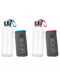 Tradineur - Pack de 2 botellas de vidrio con funda y asa, modelo Detox, cierre de rosca, llevar agua, deporte, gimnasio, camping