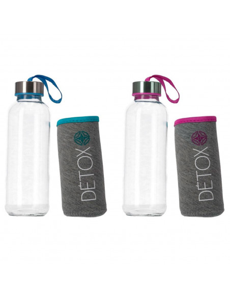 Tradineur - Pack de 2 botellas de vidrio con funda y asa, modelo Detox, cierre de rosca, llevar agua, deporte, gimnasio, camping