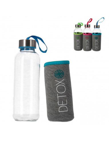 Tradineur - Pack de 2 botellas de vidrio con funda y asa, modelo Detox, cierre de rosca, llevar agua, deporte, gimnasio, camping