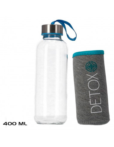 Tradineur - Pack de 2 botellas de vidrio con funda y asa, modelo Detox, cierre de rosca, llevar agua, deporte, gimnasio, camping