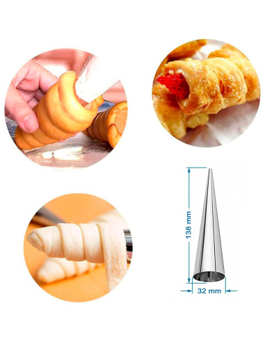 Tradineur - Pack de 12 moldes con forma de cono, acero inoxidable, canutillos para repostería, tubos, cuerno de crema, cañas, ca