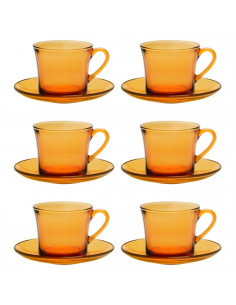 Tradineur - Set de 6 tazas de vidrio con plato, modelo Lys, tacitas para café, té, infusiones, diseño clásico, aptas para lavava