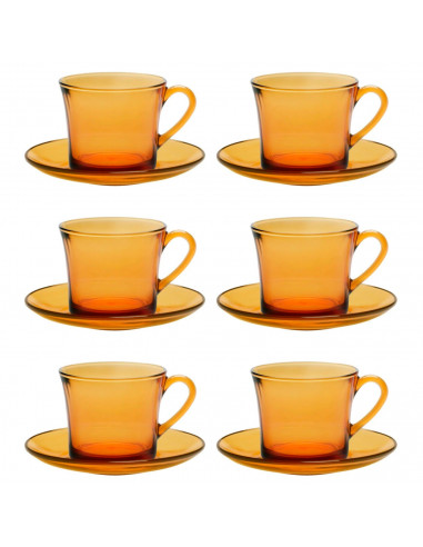 Tradineur - Set de 6 tazas de vidrio con plato, modelo Lys, tacitas para café, té, infusiones, diseño clásico, aptas para lavava