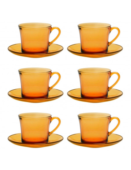Tradineur - Set de 6 tazas de vidrio con plato, modelo Lys, tacitas para café, té, infusiones, diseño clásico, aptas para lavava