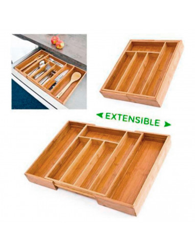 Tradineur - Cubertero, organizador de cubiertos de bambú extensible 5 a 7 compartimentos, bandeja, porta utensilios para cajón,