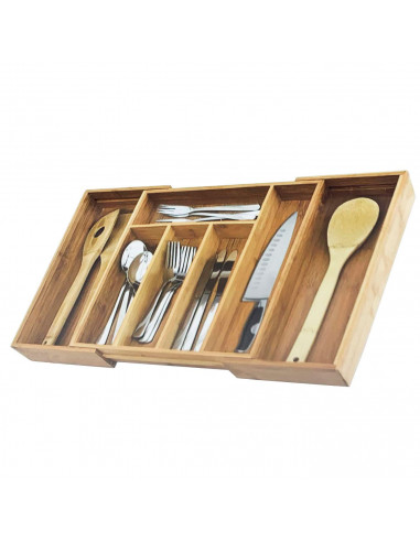 Tradineur - Cubertero, organizador de cubiertos de bambú extensible 5 a 7 compartimentos, bandeja, porta utensilios para cajón,