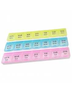 Pastillero semanal 21 compartimentos divididos en colores azul amarillo y rosa de lunes a domingo mañana mediodía y tarde 22 x 9