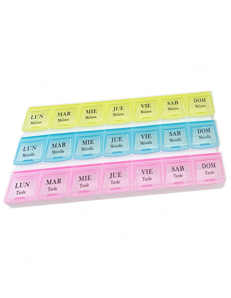 Pastillero semanal 21 compartimentos divididos en colores azul amarillo y rosa de lunes a domingo mañana mediodía y tarde 22 x 9