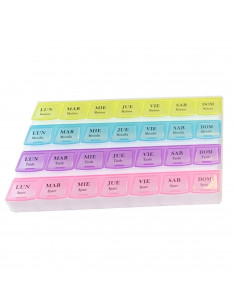 Pastillero semanal 28 compartimentos divididos en colores azul amarillo rosa y violeta de lunes a domingo mañana mediodía tarde
