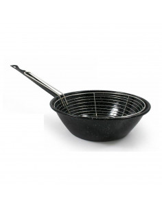 Sartén honda de acero esmaltado bordonado, con cestillo, de 24 cm de diámetro ideal para realizar frituras. Utensilio de cocina