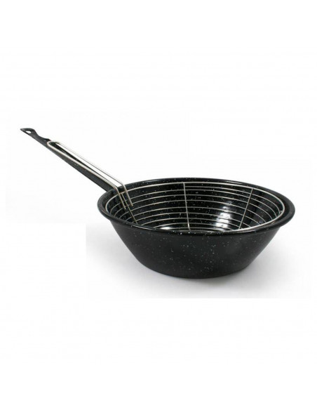 Sartén honda de acero esmaltado bordonado, con cestillo, de 24 cm de diámetro ideal para realizar frituras. Utensilio de cocina