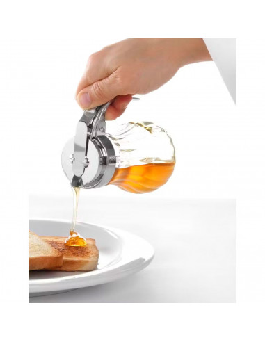 Tradineur - Jarra para miel, vidrio y metal, mielera, dispensador, tarro para sirope, salsas, flujo regulable, apto para lavavaj