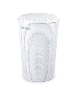 Tradineur - Cesto rattan redondo para ropa sucia con tapa y asas, pongotodo de plástico, cubo para colada, imitación de mimbre,