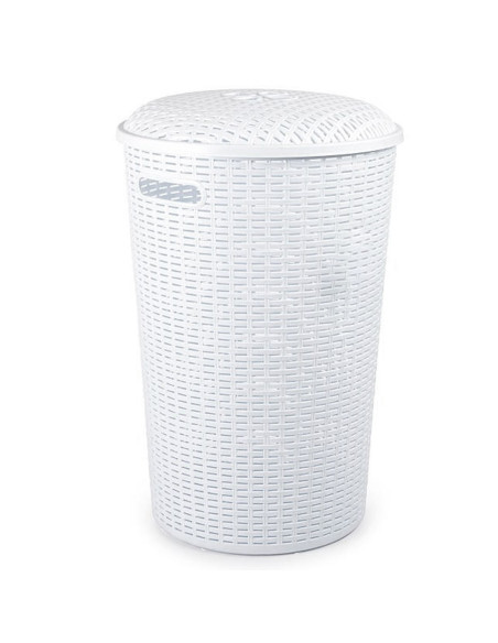 Tradineur - Cesto rattan redondo para ropa sucia con tapa y asas, pongotodo de plástico, cubo para colada, imitación de mimbre,