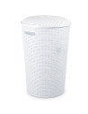 Tradineur - Cesto rattan redondo para ropa sucia con tapa y asas, pongotodo de plástico, cubo para colada, imitación de mimbre,