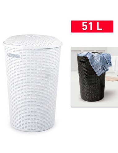 Tradineur - Cesto rattan redondo para ropa sucia con tapa y asas, pongotodo de plástico, cubo para colada, imitación de mimbre,