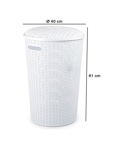 Tradineur - Cesto rattan redondo para ropa sucia con tapa y asas, pongotodo de plástico, cubo para colada, imitación de mimbre,