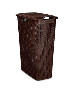 Tradineur - Cesto rattan estrecho para ropa sucia con tapa y asas, pongotodo de plástico, cubo para colada, imitación de mimbre,