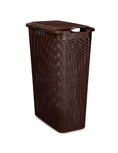 Tradineur - Cesto rattan estrecho para ropa sucia con tapa y asas, pongotodo de plástico, cubo para colada, imitación de mimbre,