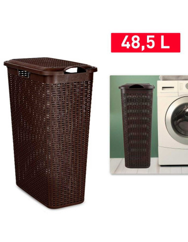 Tradineur - Cesto rattan estrecho para ropa sucia con tapa y asas, pongotodo de plástico, cubo para colada, imitación de mimbre,