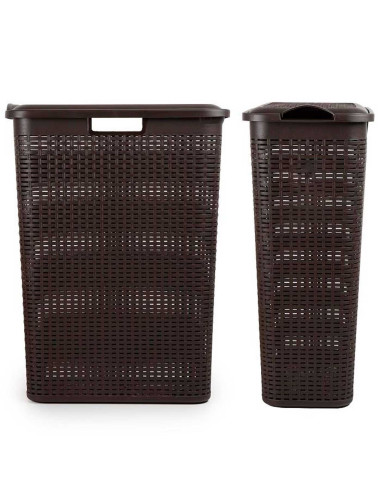 Tradineur - Cesto rattan estrecho para ropa sucia con tapa y asas, pongotodo de plástico, cubo para colada, imitación de mimbre,